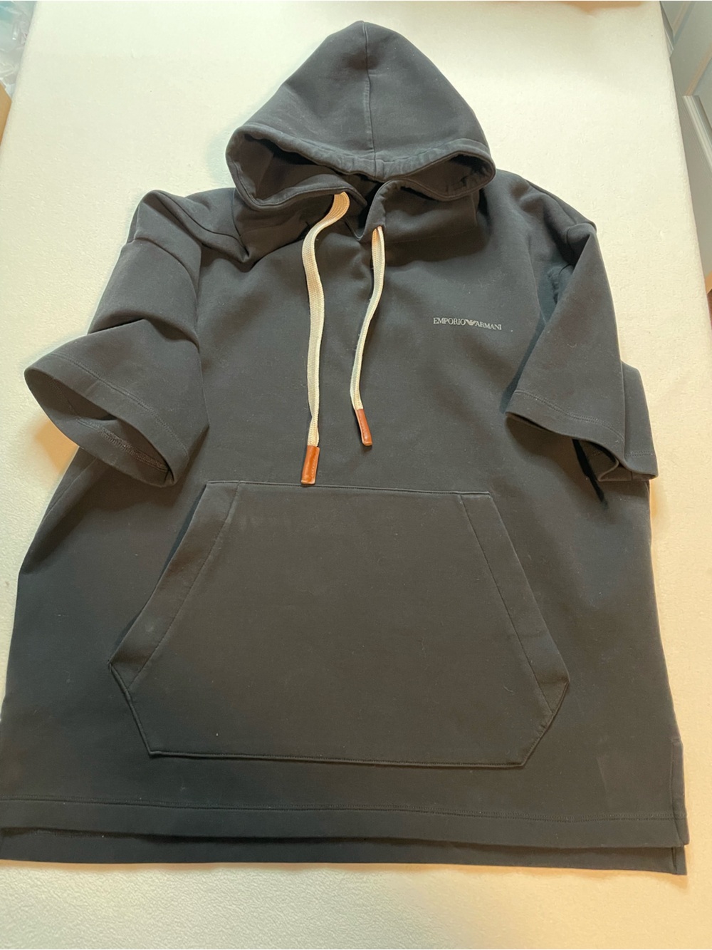 Emporio Armani Black Short-Sleeve Hoodie with Cream Drawcords